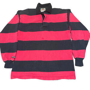 VTG Barbarian Rugby Wear Polo Shirt Men XL Red Black Striped Heavyweight Vintage
